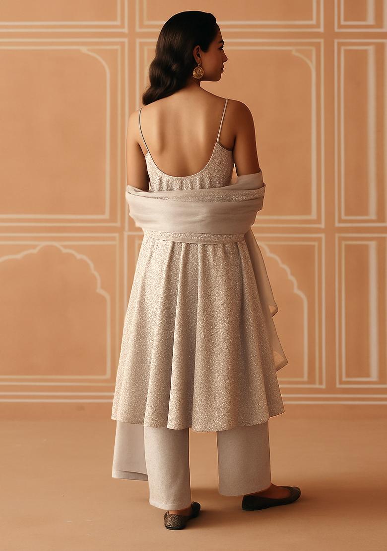 Beige Sequin Embroidered Georgette Anarkali Set - Indya