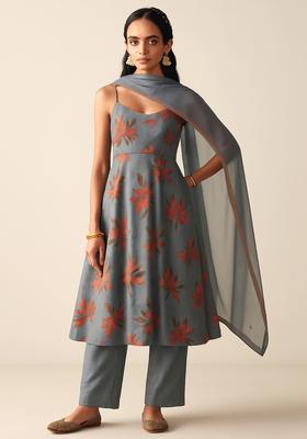 Grey Printed Organza Anarkali Set