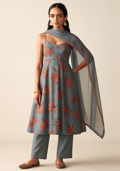 Grey Printed Organza Anarkali Set