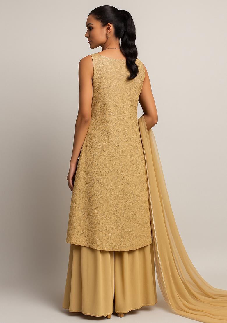 Gold Embroidered Georgette Sharara Set - Indya