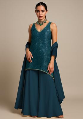 Teal Blue Embroidered Georgette Sharara Set