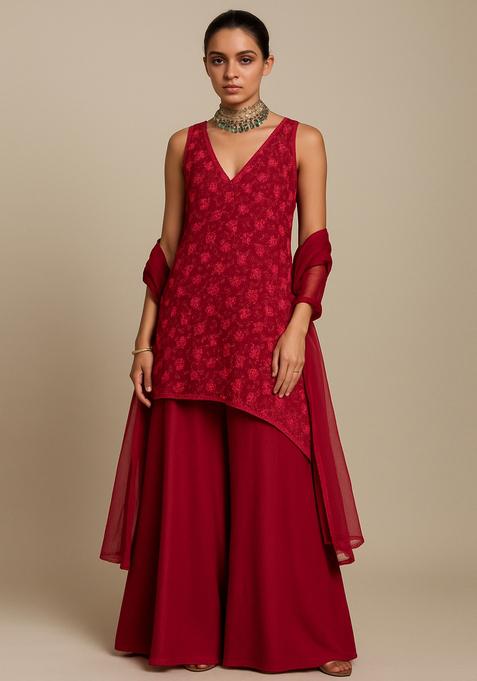 Red Embroidered Georgette Sharara Set