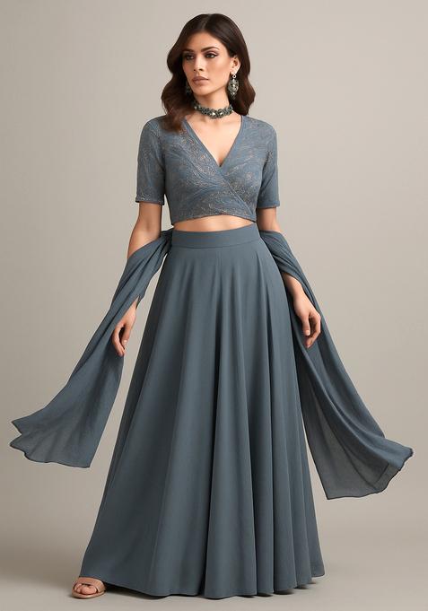 Grey Embellished Georgette Sharara Set