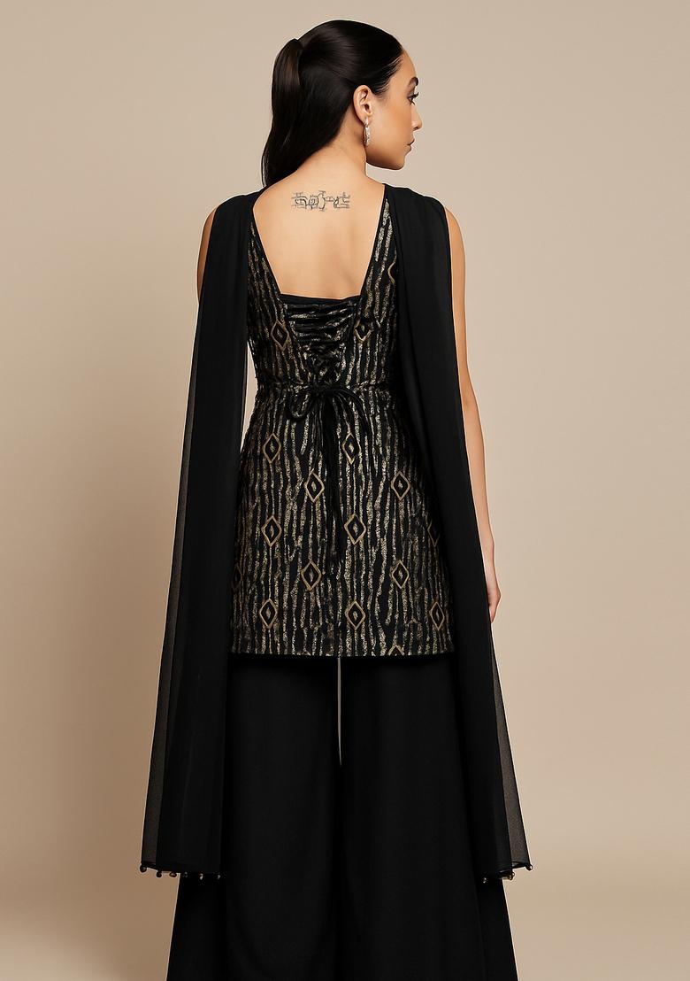 Black Sequin Embellished Georgette Sharara Set - Indya