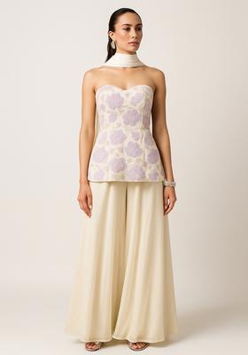 Cream And Pink Embroidered Georgette Sharara Set