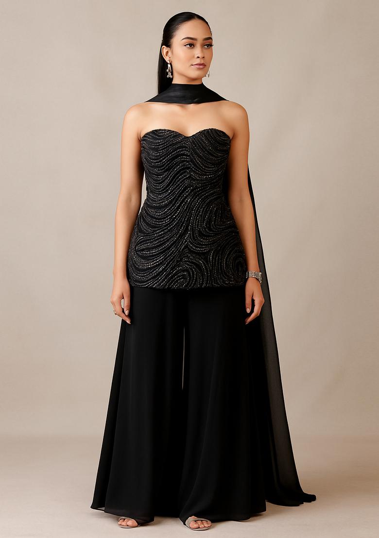 Black Embellished Georgette Sharara Set