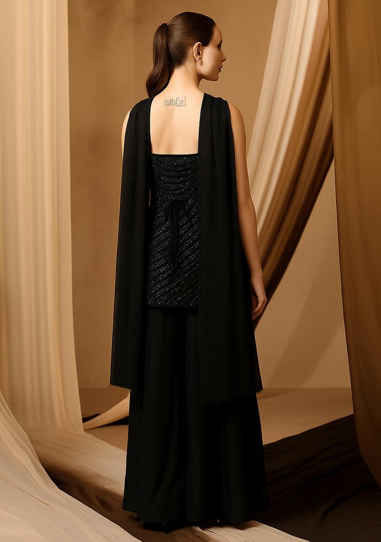 Black Embellished Georgette Sharara Set