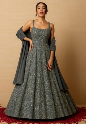 Grey Embellished Net Anarkali Set