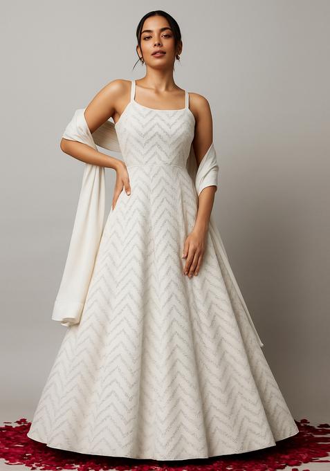 White Sequin Embellished Net Anarkali Set