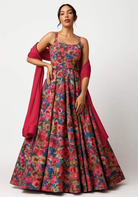 Multicolor Printed Organza Anarkali Set