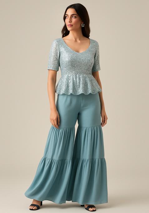 Sage Green Embellished Georgette Sharara Set