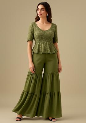 Green Embellished Georgette Sharara Set