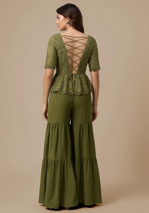 Green Embellished Georgette Sharara Set