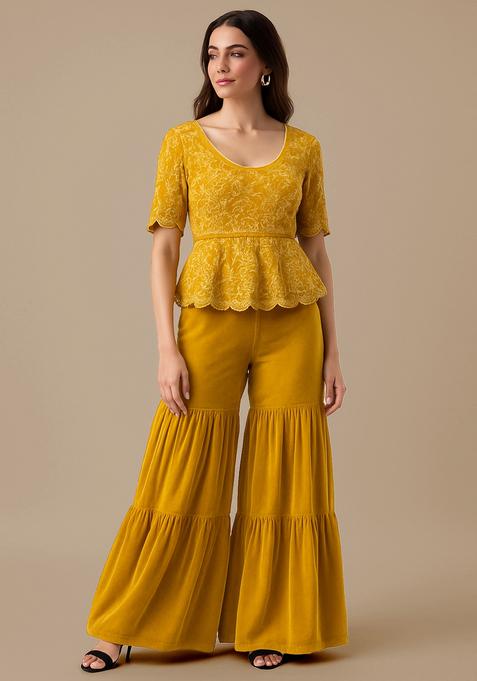 Mustard Yellow Embellished Chinon Silk Sharara Set