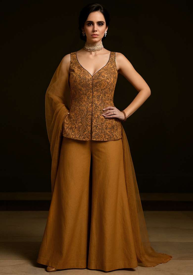 Brown Embroidered Georgette Sharara Set - Indya
