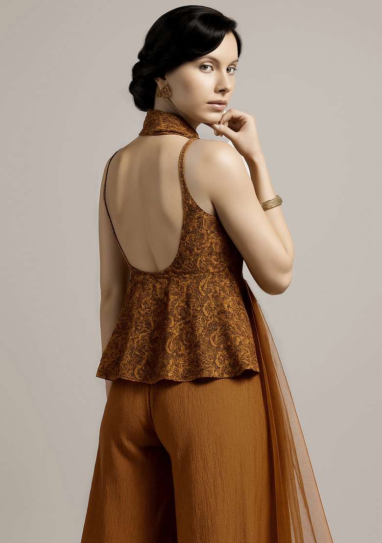 Brown Embroidered Georgette Sharara Set - Indya