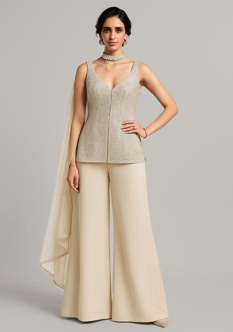 Cream Embroidered Georgette Sharara Set