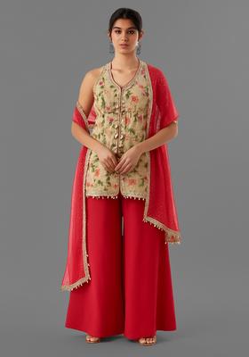 Cream Printed Tussar Kurta Set