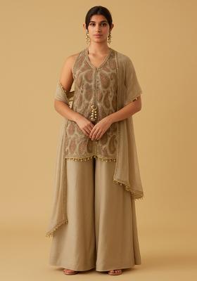 Beige Printed Tussar Kurta Set