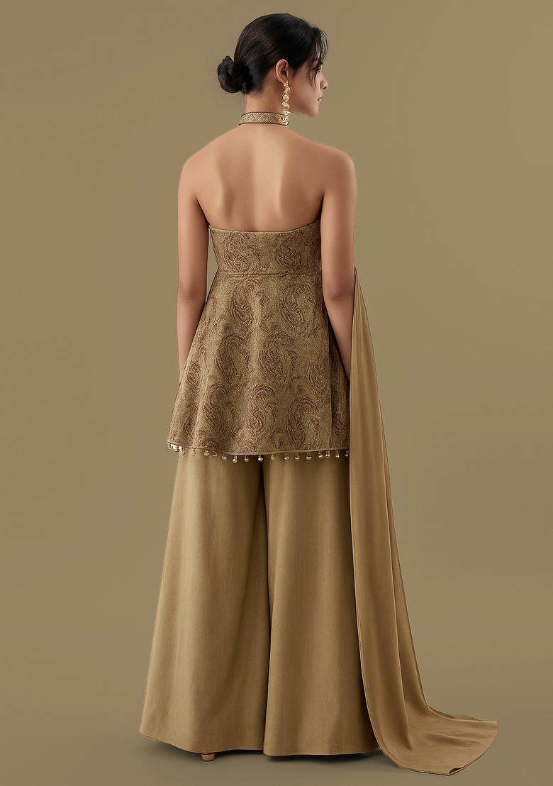 Beige Printed Tussar Kurta Set - Indya