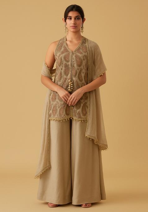 Beige Printed Tussar Kurta Set