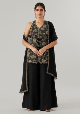 Black Printed Tussar Kurta Set