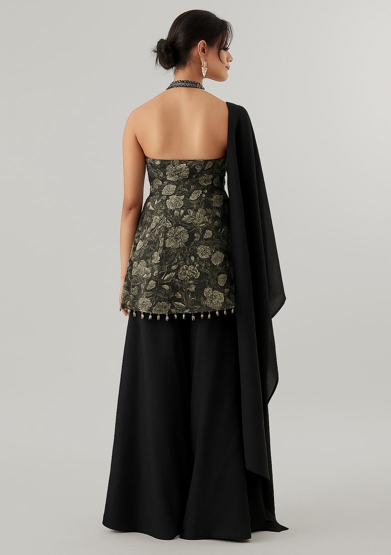 Black Printed Tussar Kurta Set - Indya