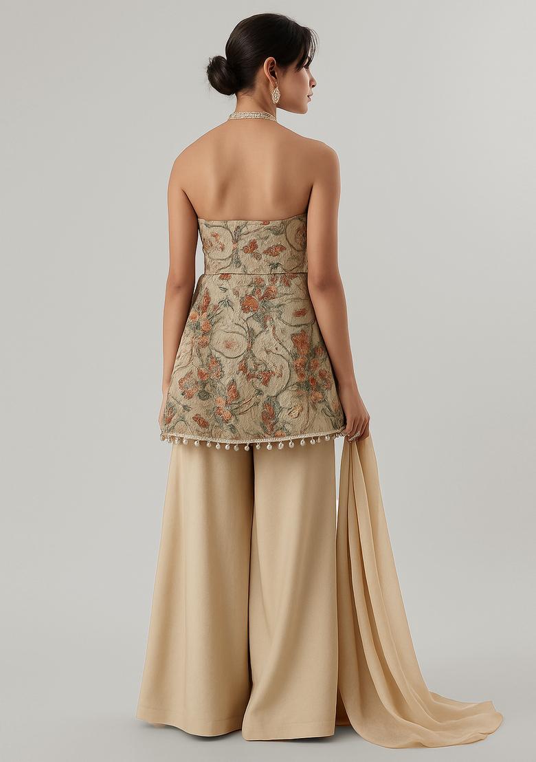 Beige Printed Tussar Kurta Set - Indya