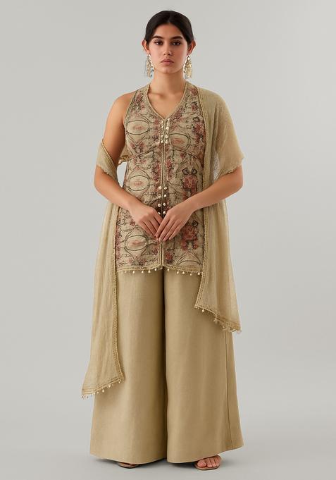 Beige Printed Tussar Kurta Set