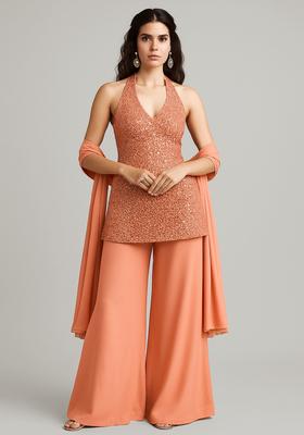 Peach Sequin Embellished Georgette Kurta Set