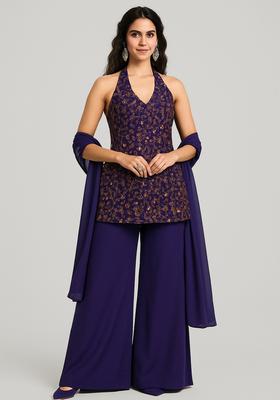 Purple Embroidered Georgette Kurta Set