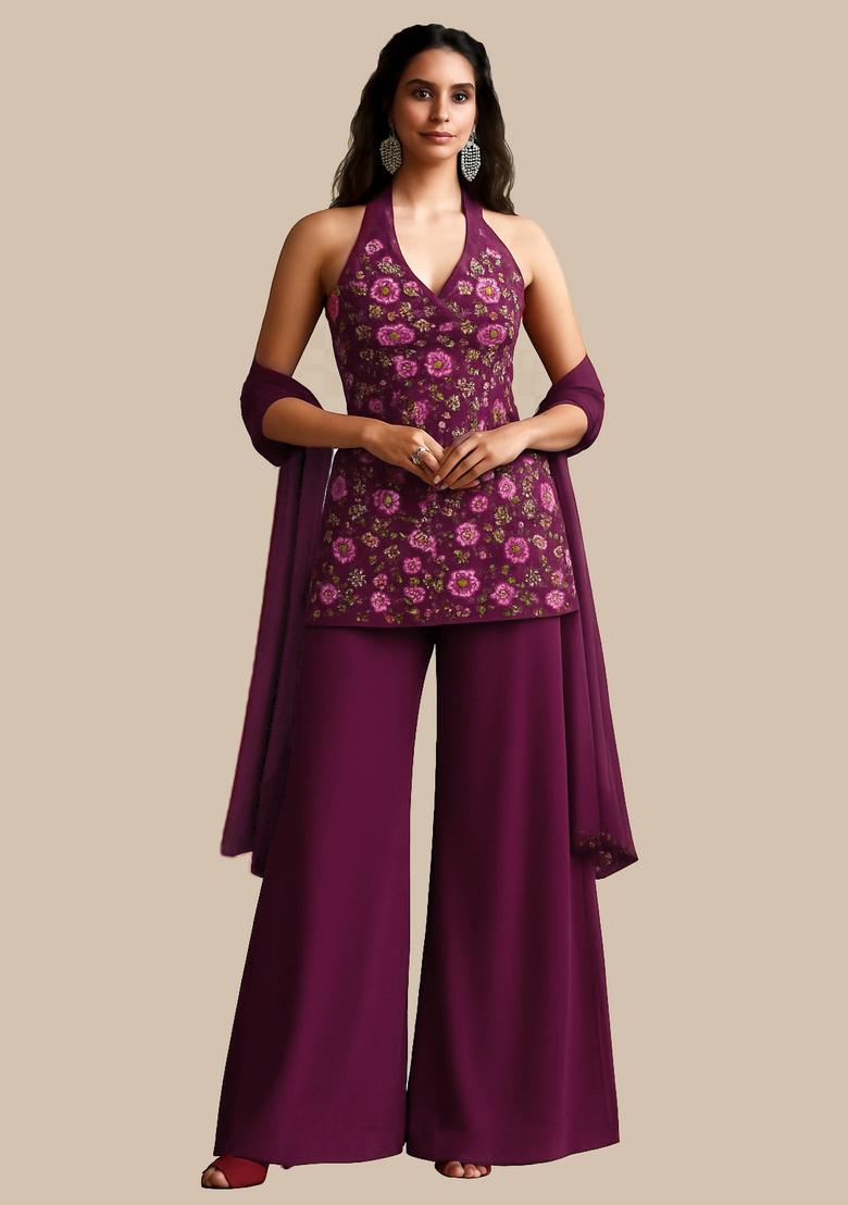 Maroon Embroidered Georgette Kurta?? Set