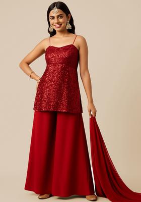 Maroon Sequin Embellished Net Kurta Set