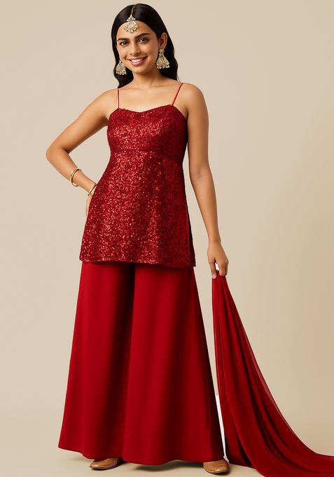 Red Sequin Net Kurta?? Set