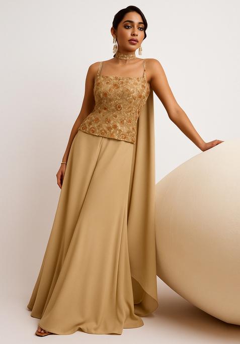 Beige Embroidered Georgette Fusion Set