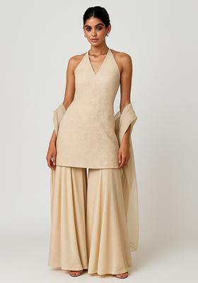 Off White Embroidered Georgette Sharara Set