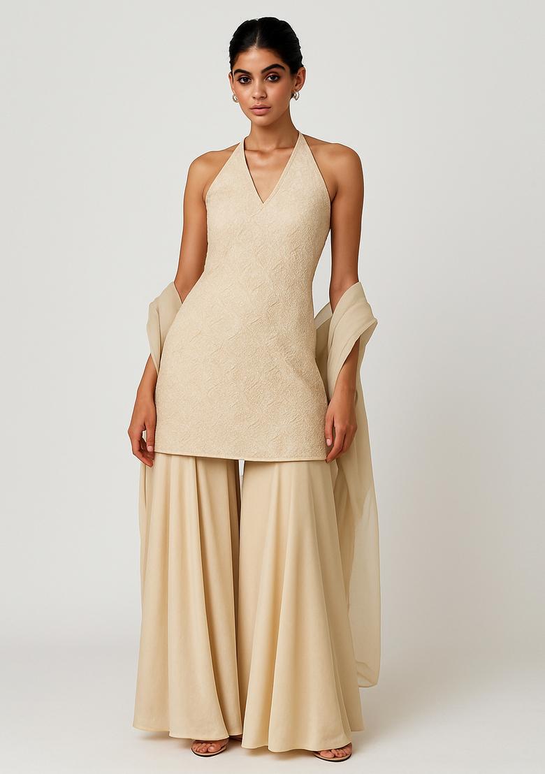 Off White Embroidered Georgette Sharara Set