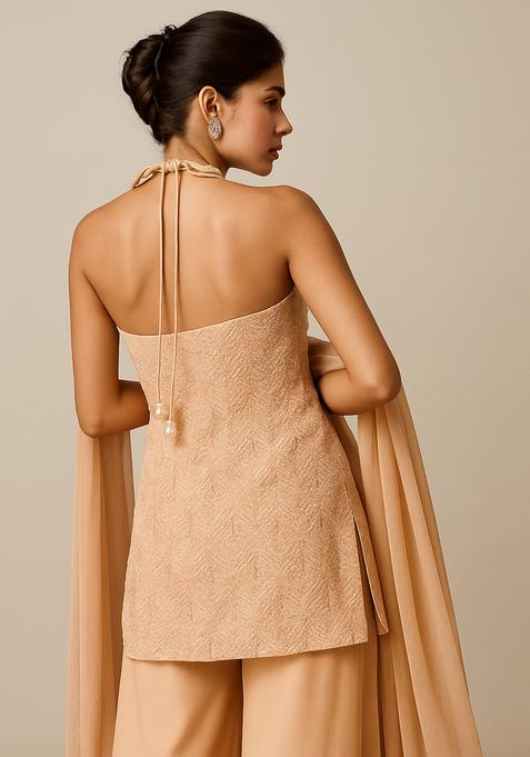 Off White Embroidered Georgette Sharara Set