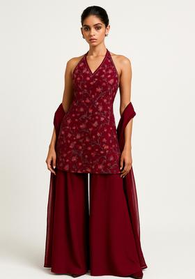 Maroon Embroidered Georgette Sharara Set