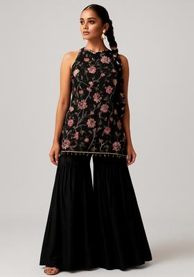 Black Embroidered Net Sharara Set