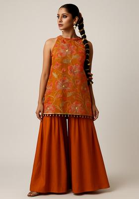 Rust Embroidered Organza Sharara Set
