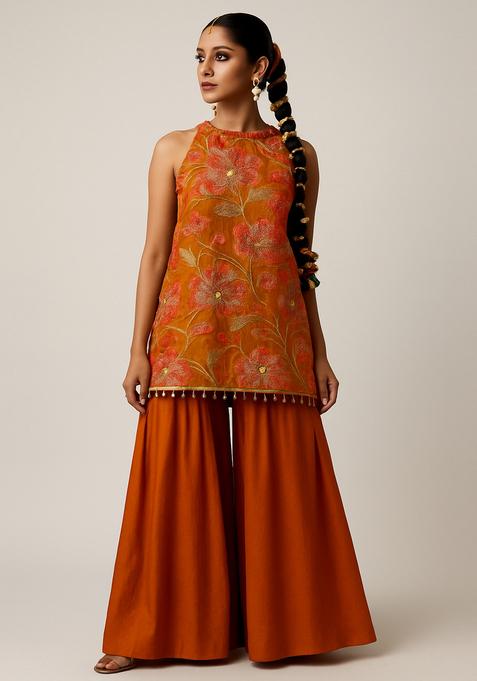 Rust Embroidered Organza Sharara Set