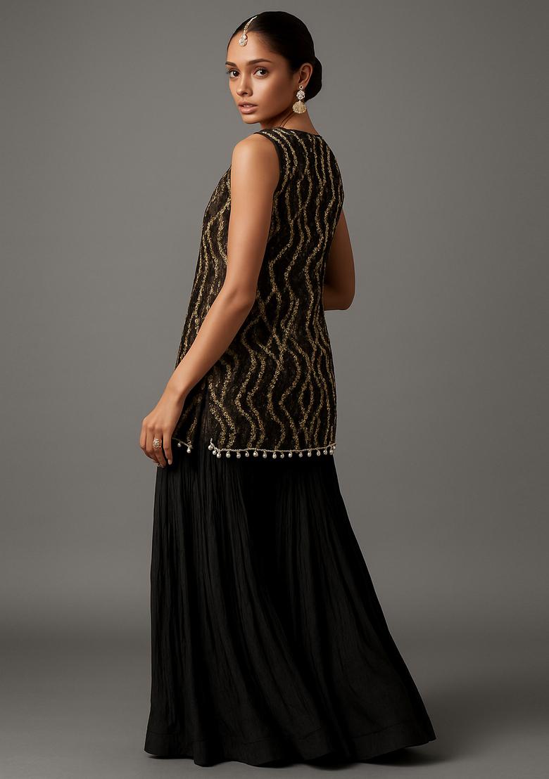 Black Sequin Embellished Net Sharara Set