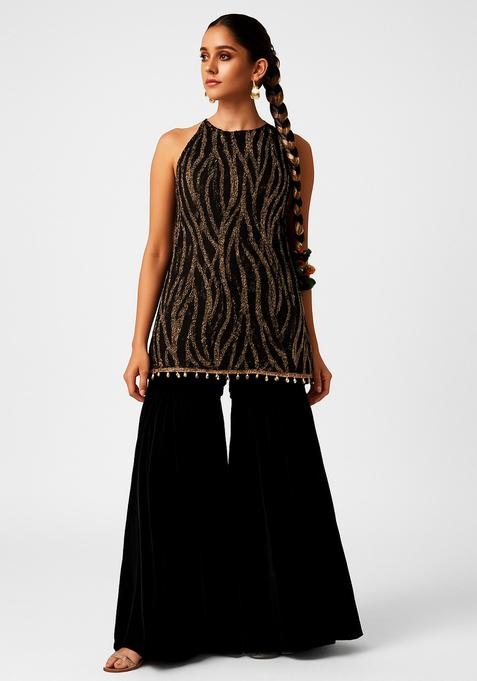 Black Sequin Embellished Net Sharara Set