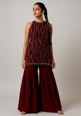 Wine Embellished Net Sharara Set