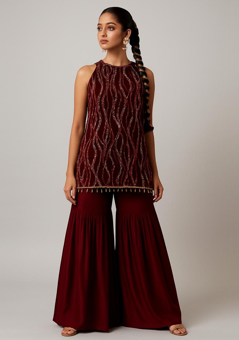 Wine Embellished Net Sharara Set