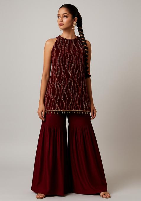 Wine Embellished Net Sharara Set