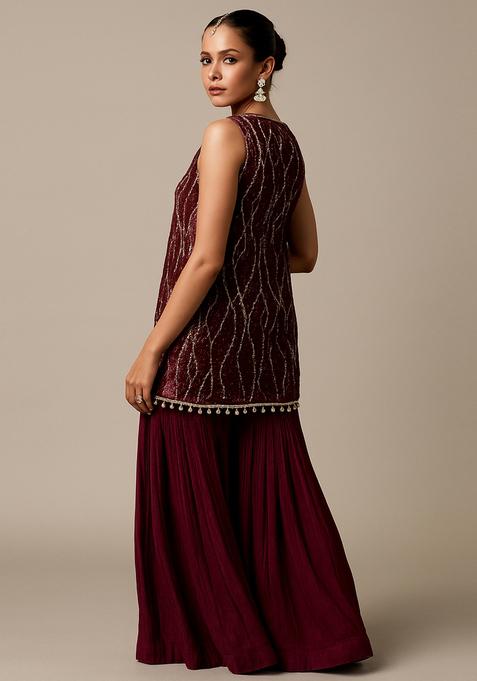 Wine Embellished Net Sharara Set