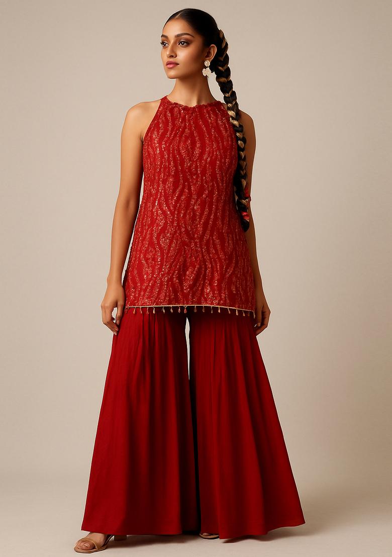 Red Sequin Net Sharara Set