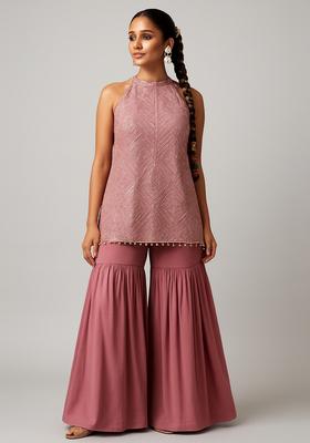 Mauve Sequin Embroidered Net Kurta Set
